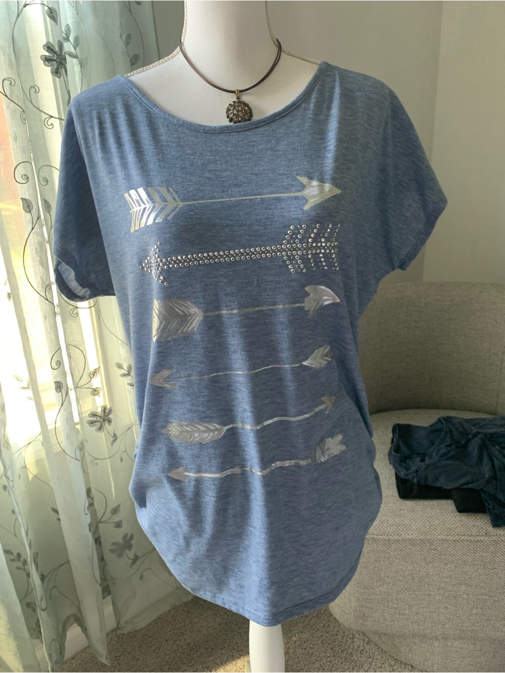 SJS Blue Short Sleeve Tee with Metallic Arrow Design